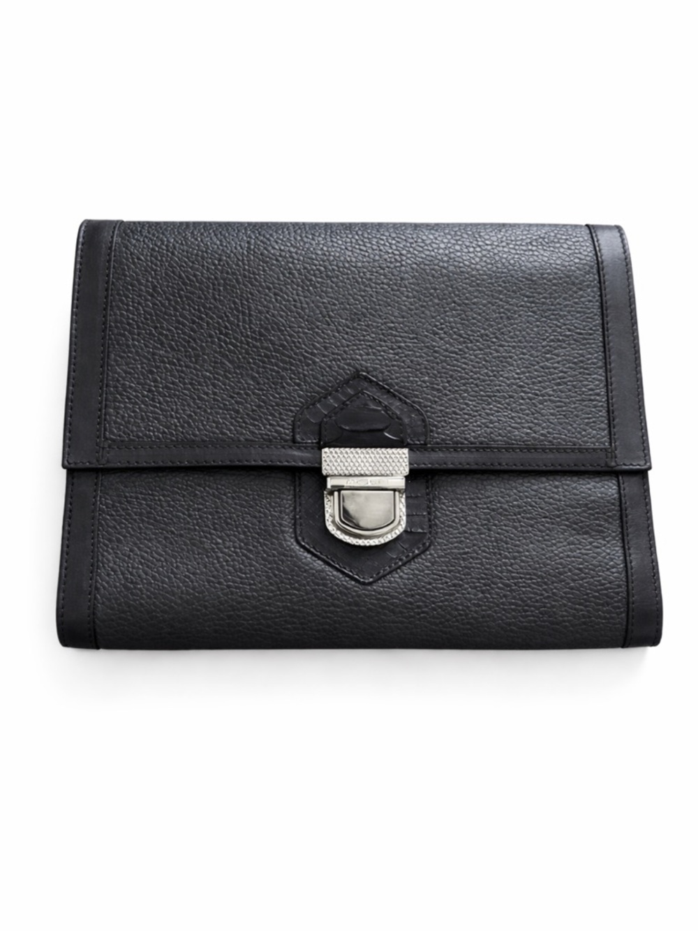 Roberto Cavalli Black Leather Portfolio Document Organizer Silver Clasp